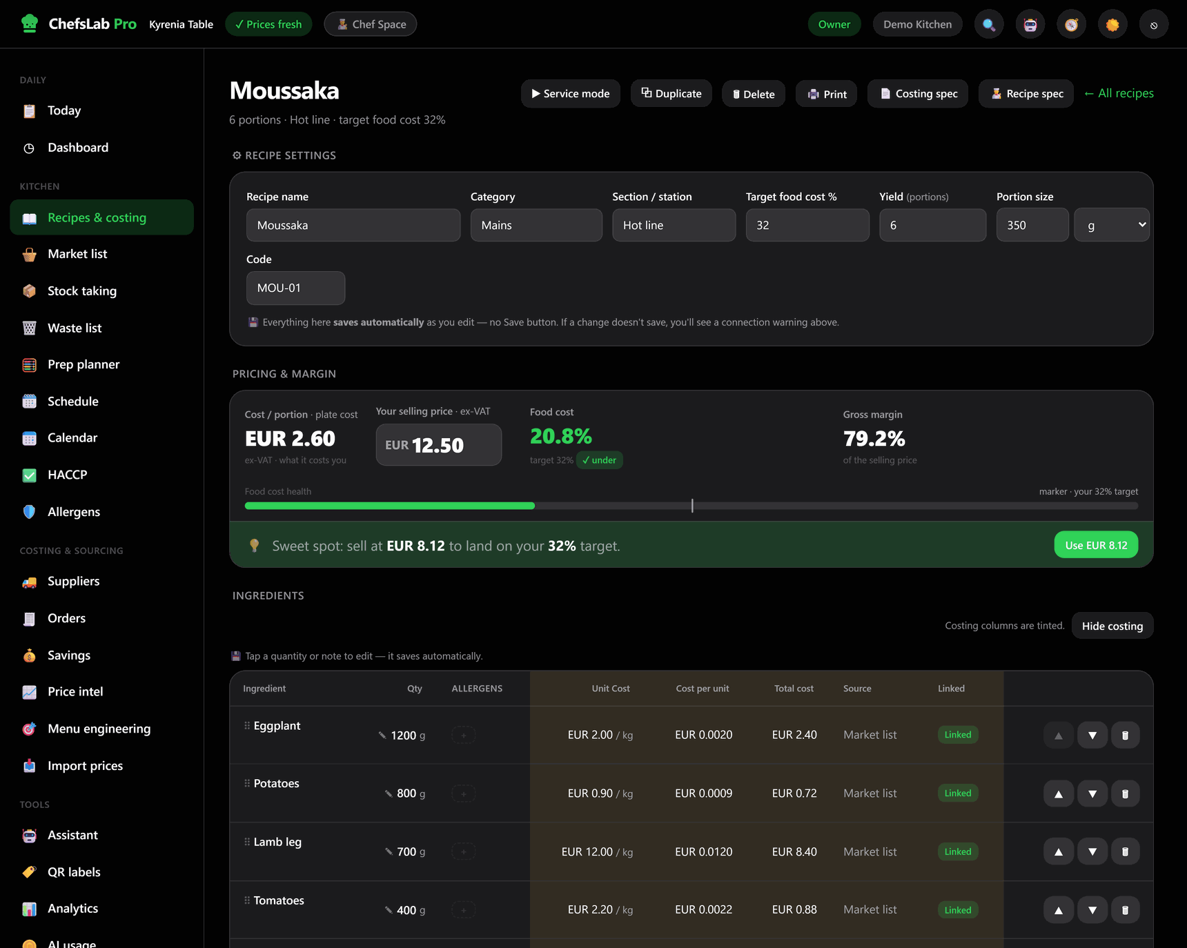 The ChefsLab Pro recipe costing screen for a dish called Moussaka: recipe settings, a pricing panel showing EUR 2.60 cost per portion against a EUR 12.50 selling price, 20.8% food cost and 79.2% gross margin, and an ingredient table listing eggplant, potatoes, lamb leg and tomatoes with their unit cost and total cost.