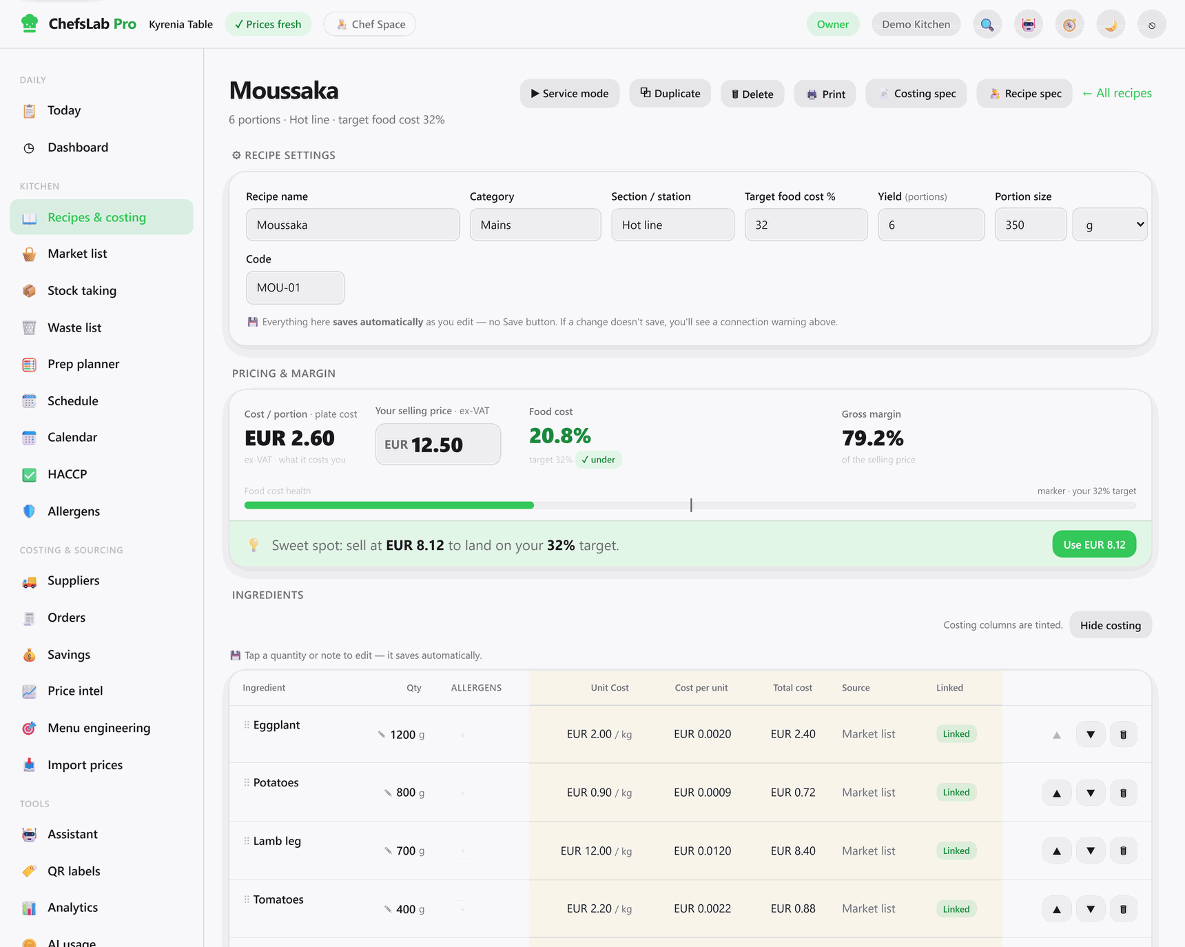 The ChefsLab Pro recipe costing screen for a dish called Moussaka: recipe settings, a pricing panel showing EUR 2.60 cost per portion against a EUR 12.50 selling price, 20.8% food cost and 79.2% gross margin, and an ingredient table listing eggplant, potatoes, lamb leg and tomatoes with their unit cost and total cost.