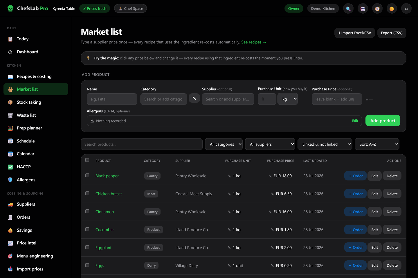The ChefsLab Pro market list: a searchable table of products such as black pepper, chicken breast and cucumber, each with its category, supplier, purchase unit, purchase price in euros, the date it was last updated, and Order, Edit and Delete actions.