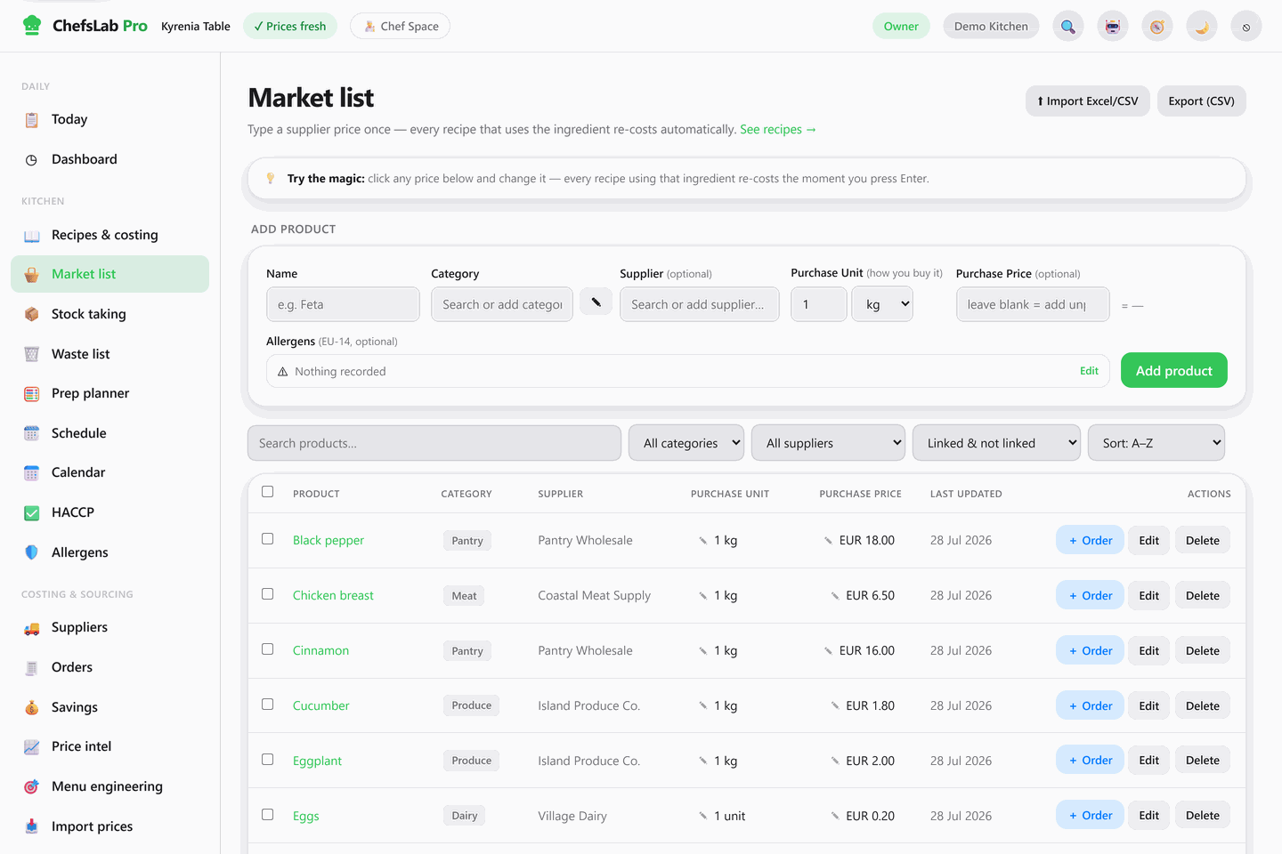 The ChefsLab Pro market list: a searchable table of products such as black pepper, chicken breast and cucumber, each with its category, supplier, purchase unit, purchase price in euros, the date it was last updated, and Order, Edit and Delete actions.